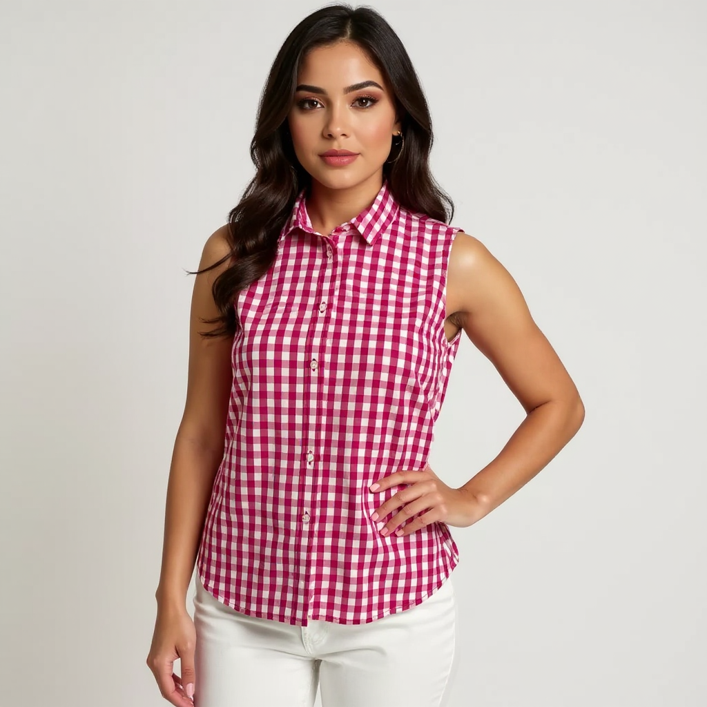 J Crew Pink/White Checkered Pre-Owned Ladies Casual Top - Size XS