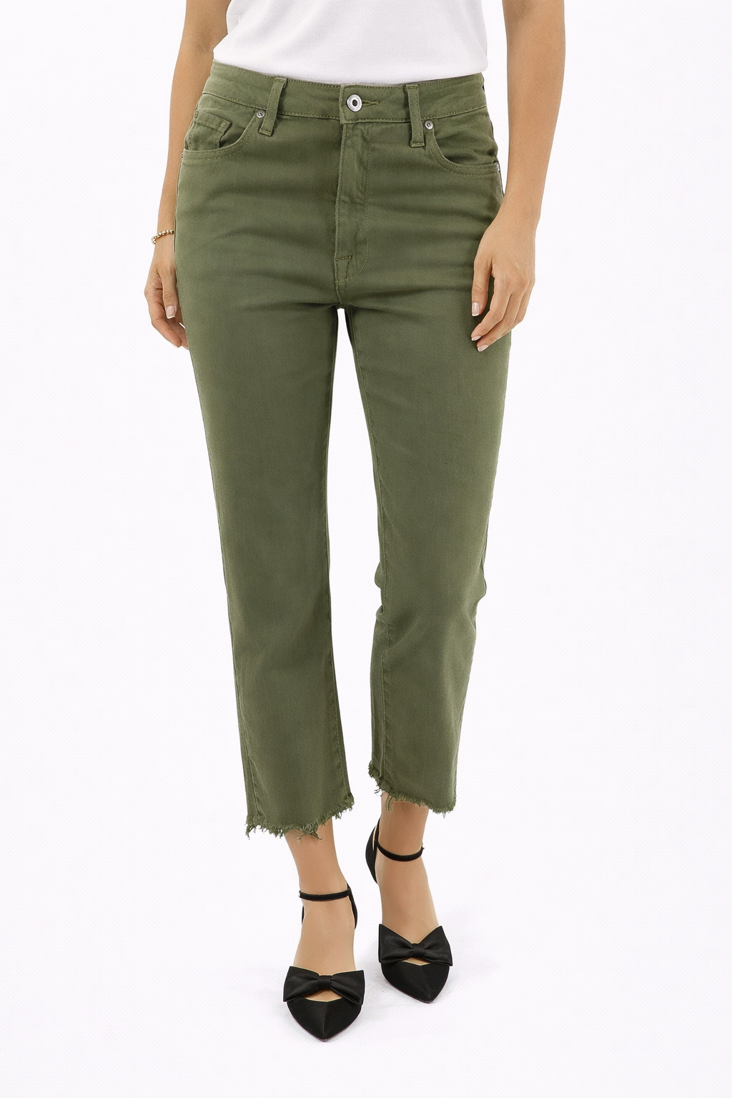 High rise, straight leg olive pants by Jonathan Simkhai with cropped length and raw hem, size 4 for women.