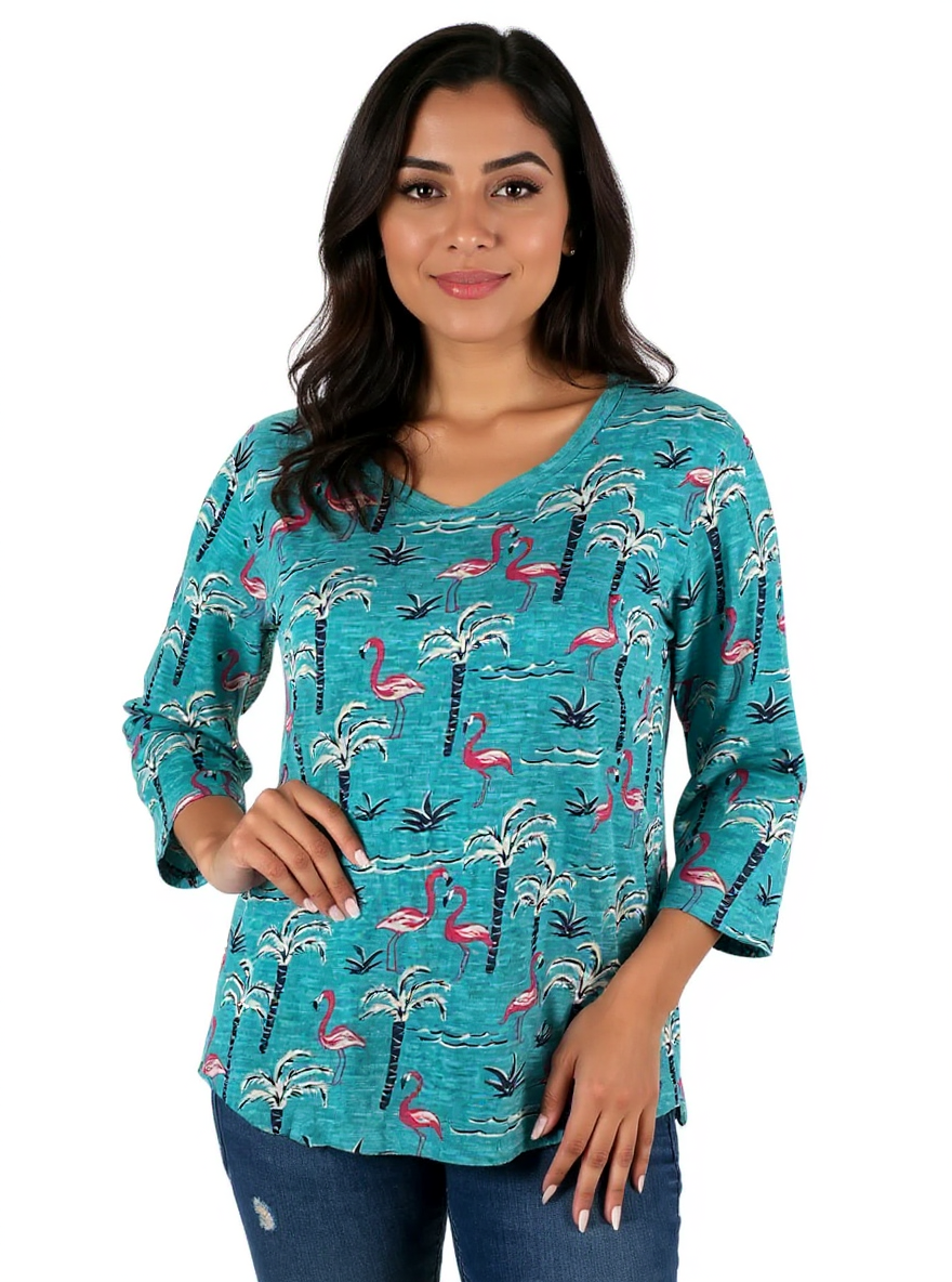 Turquoise and multi-colored flamingo pullover casual top with scoop neck by Sunsets & Sweet Tea in size medium.
