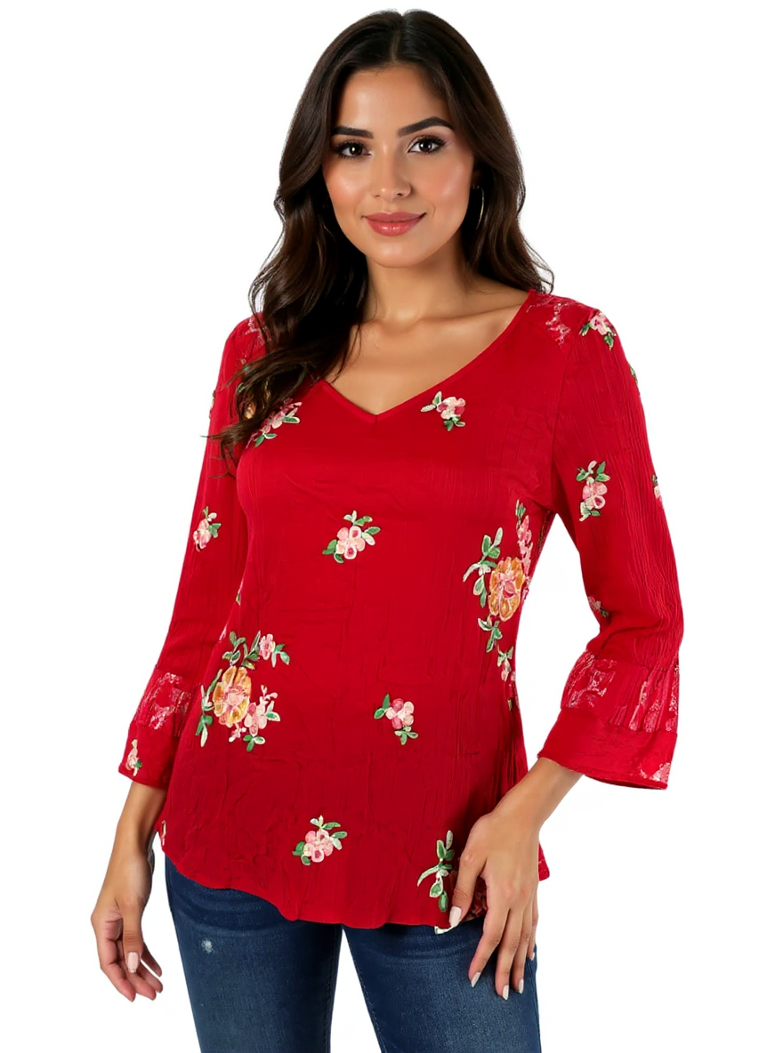 Red and multi-colored embroidered Fig & Flower ladies' top, size small, featuring a boho peasant style.