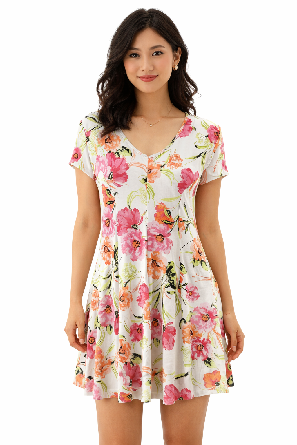 EmalineS White/Pink/Green Floral Pre-Owned Ladies Dress - Size XS Petite