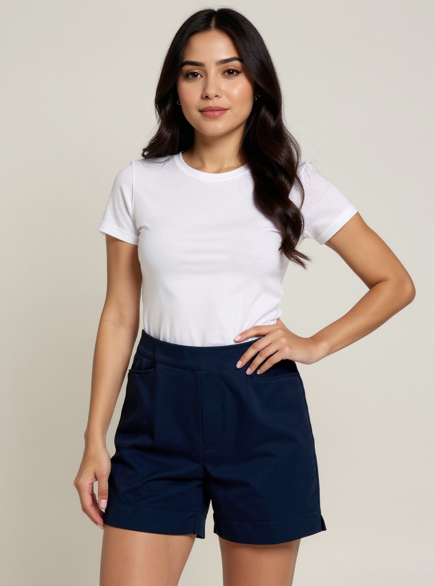 Chico's navy solid Bermuda shorts in size 12, pull-on style with flat front and stretch fabric.