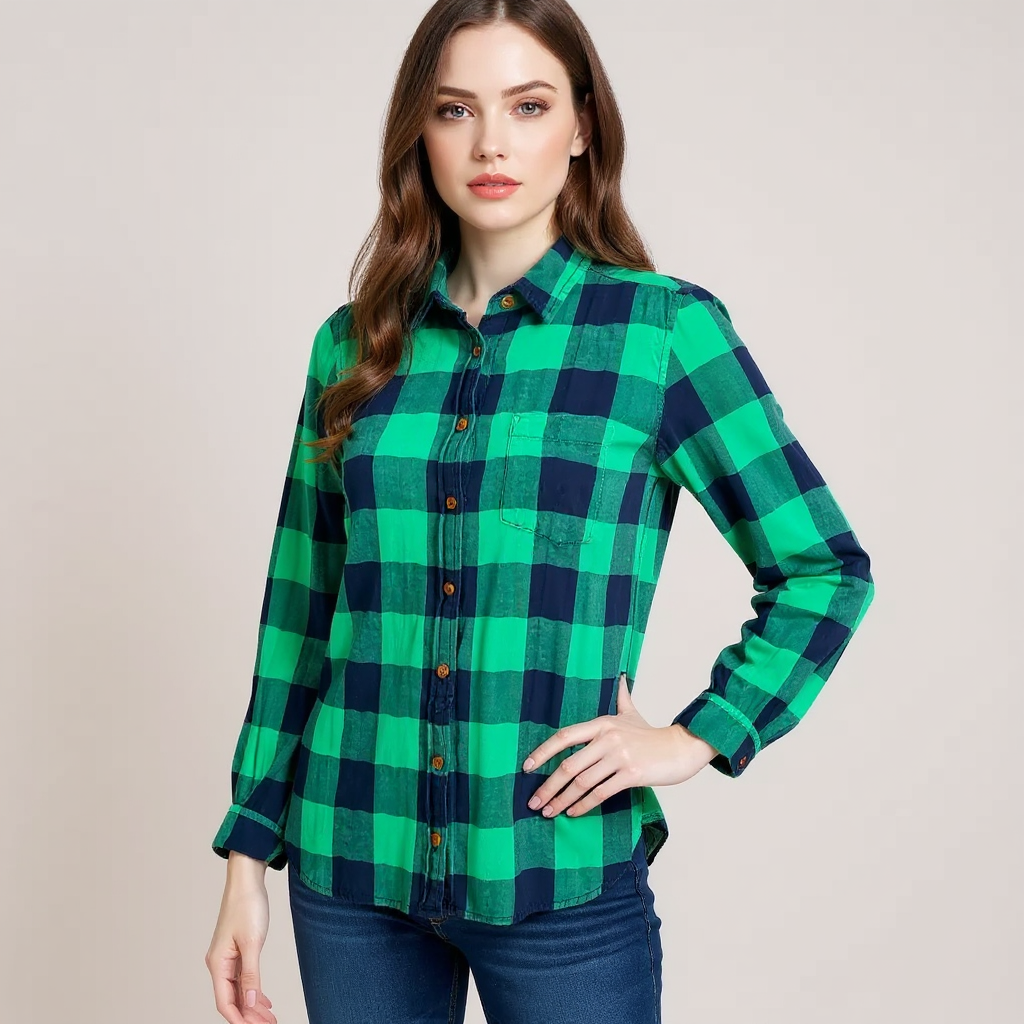 J Crew Green/Navy Checkered Pre-Owned Ladies Top - Size 2
