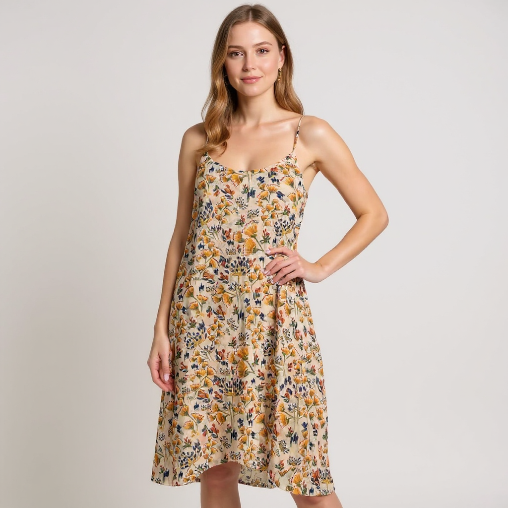 Gianni Bini Yellow/Blue Floral Pre-Owned Ladies Dress - Size Large
