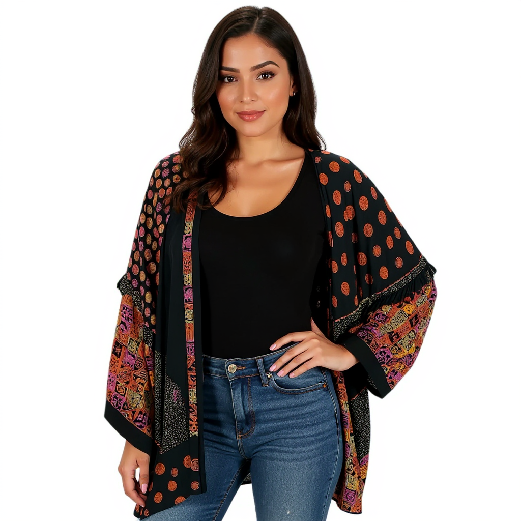 Judy Karem Black/Orange/Pink Print Ladies Pre-Owned Shrug - Size One Size Fits Most