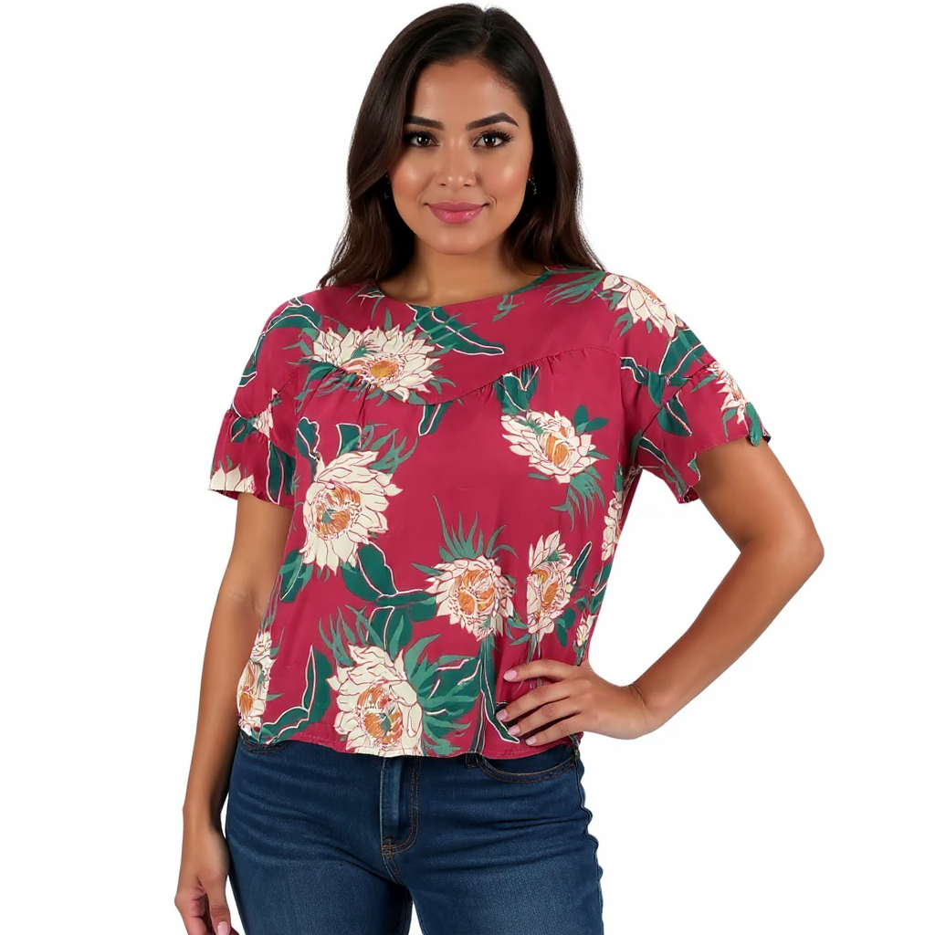Wolven Pink/Teal/White Floral Pre-Owned Ladies Top - Size Medium