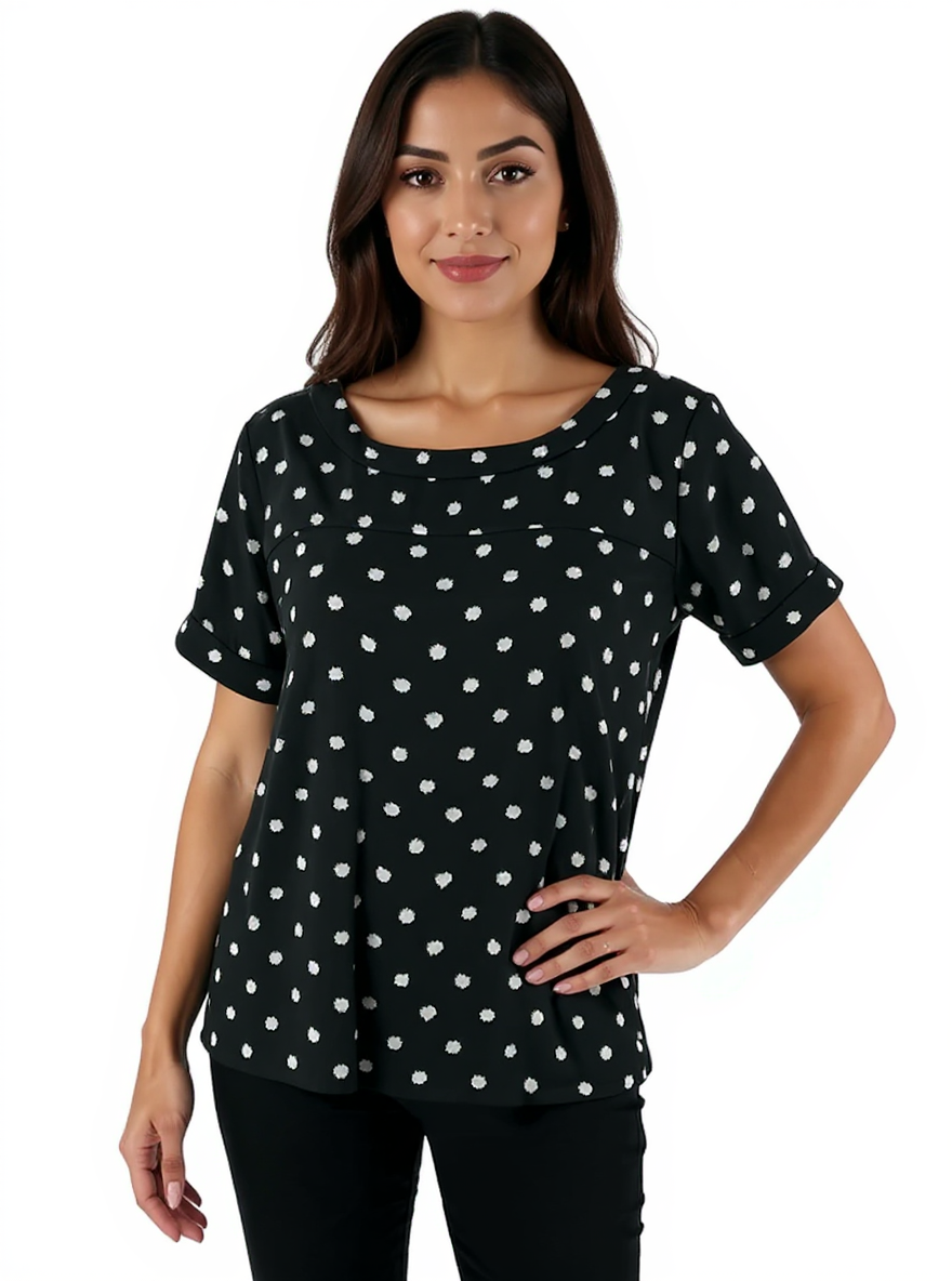 Black and white polka dot Ann Taylor LOFT boatneck top with A-line cut and high-low hem, size small, displayed on a hanger.