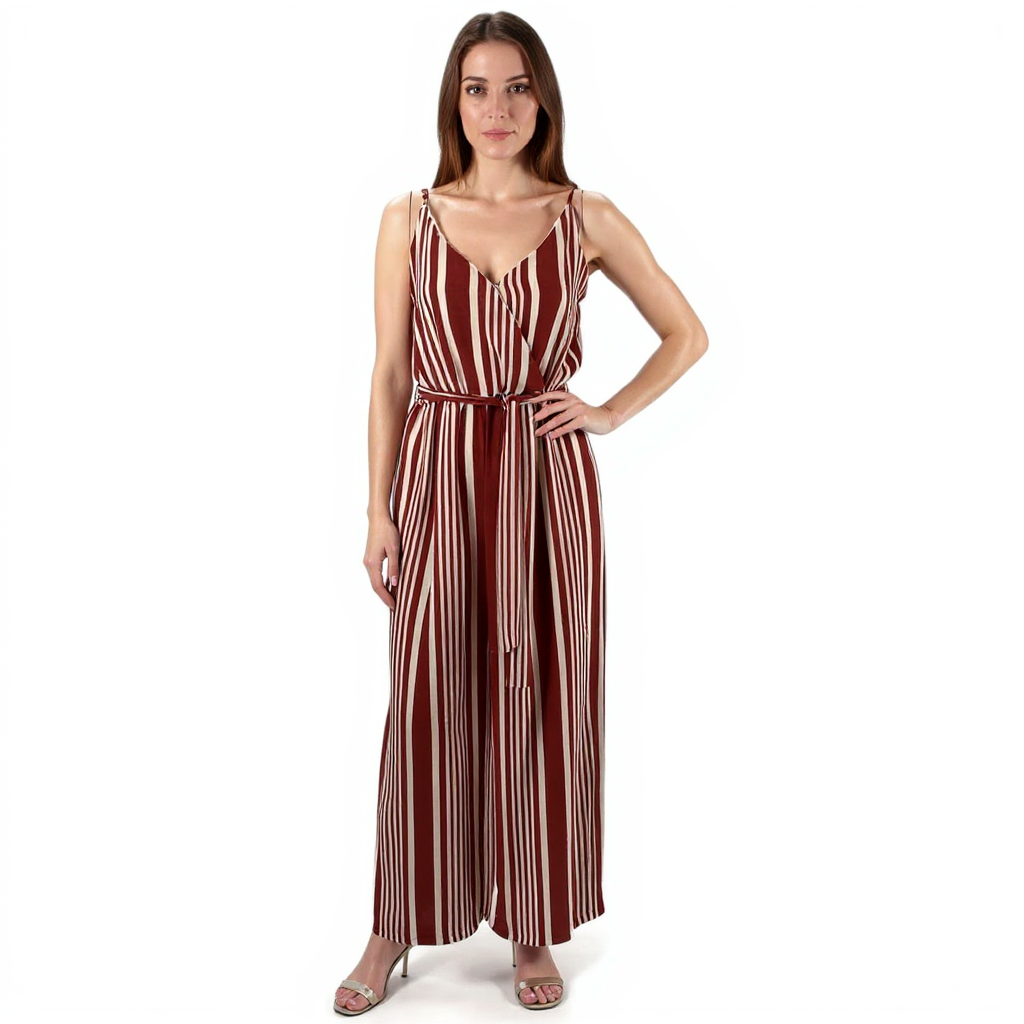 J for Justify Rust/White Striped Ladies Pre-Owned Jumpsuit - Size Small