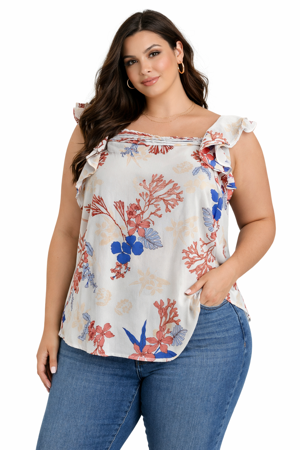 Liz Claiborne White/Blue/Salmon Floral Pre-Owned Ladies Sleeveless Top - Size 2XL