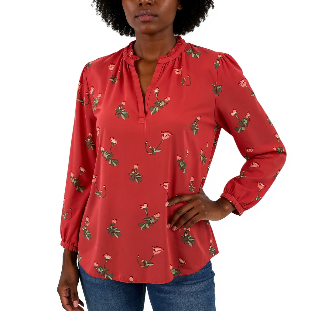 Loft Red Floral Ladies Pre-Owned Blouse - Size Small