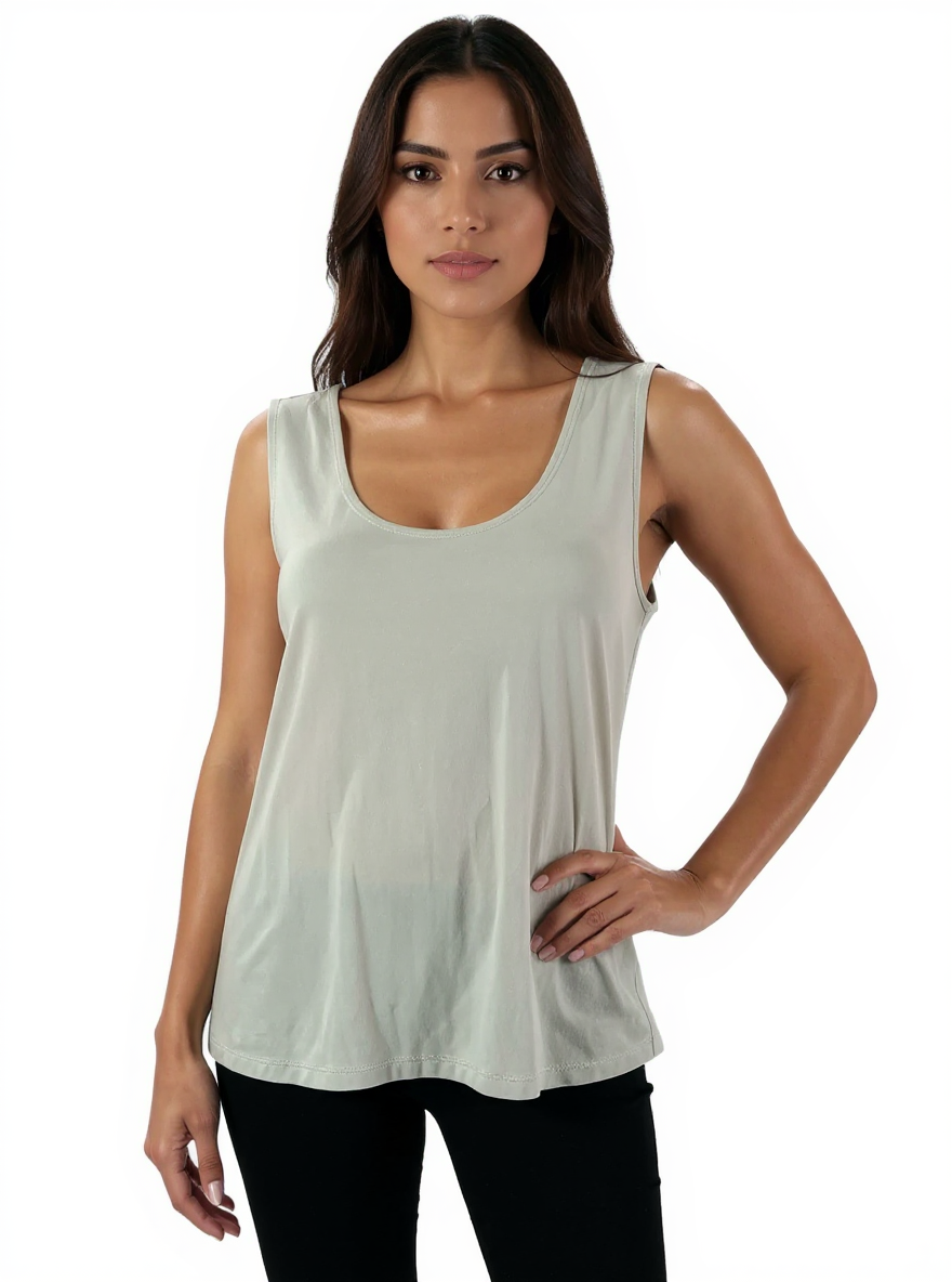 Mint green scoop neck tank top from Peruvian Connection, sleeveless and A-line, size large, displayed on a neutral background.