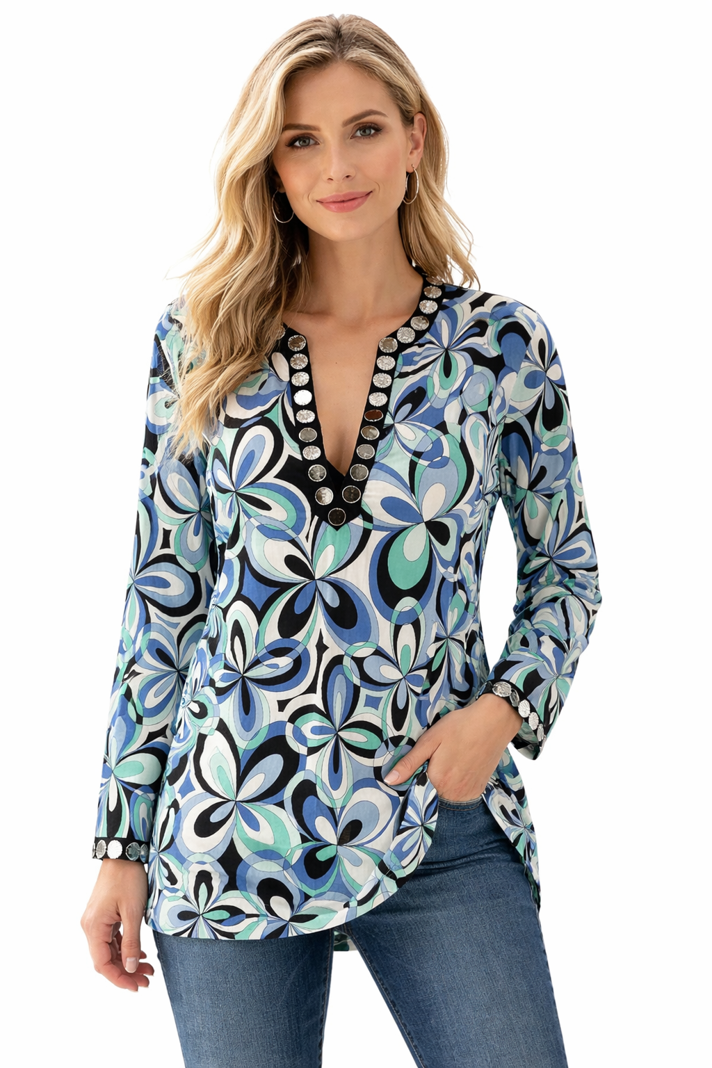 MK - White/Blue Floral Pre-Owned Ladies Casual Top - Size Medium