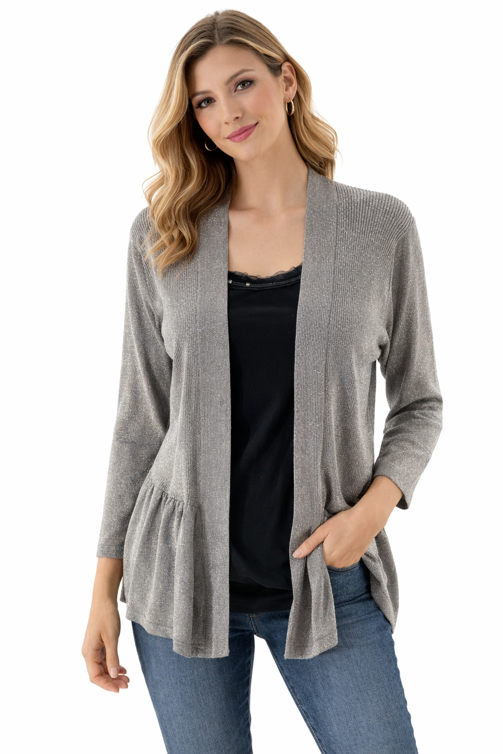 August Silk - Silver Ribbed Pre-Owned Ladies Casual Top - Size Large