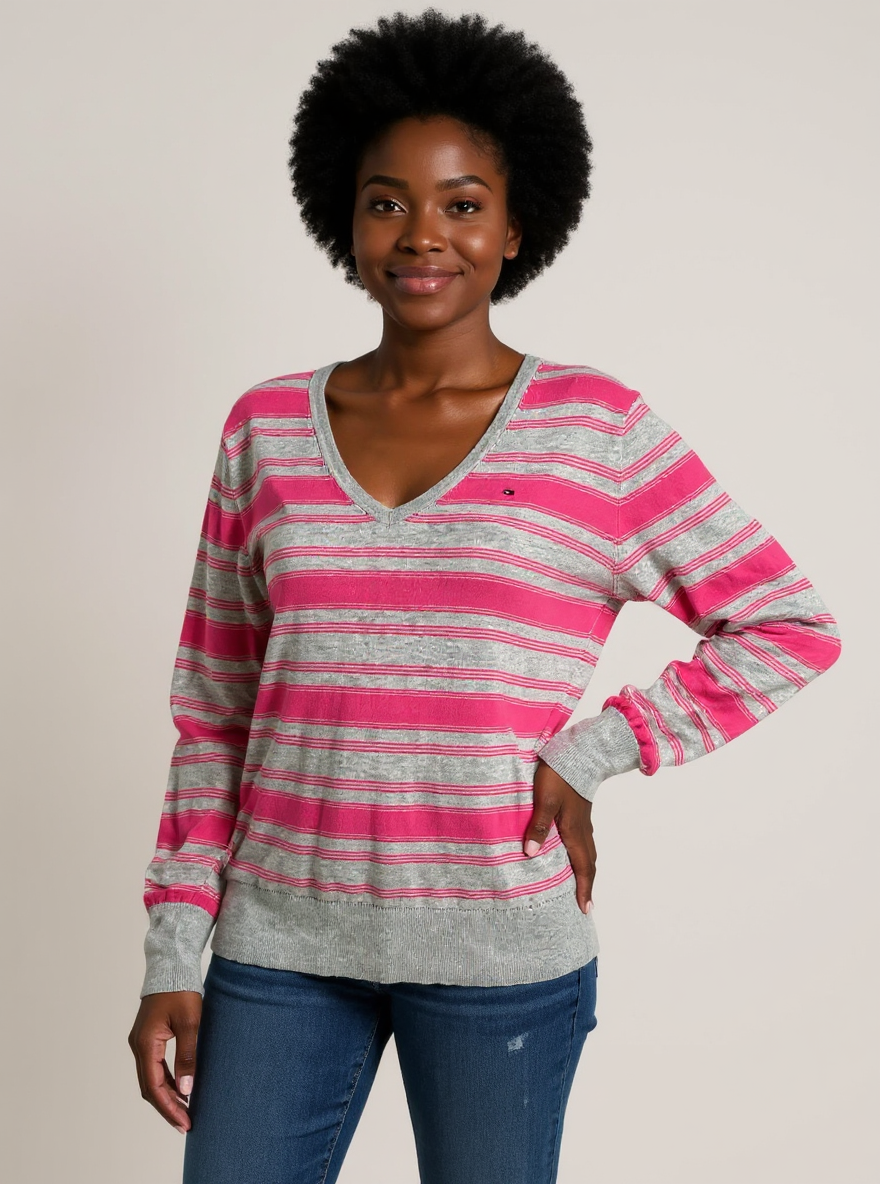 Tommy Hilfiger Gray/Pink Stripe Pre-Owned Ladies Top - Size Large