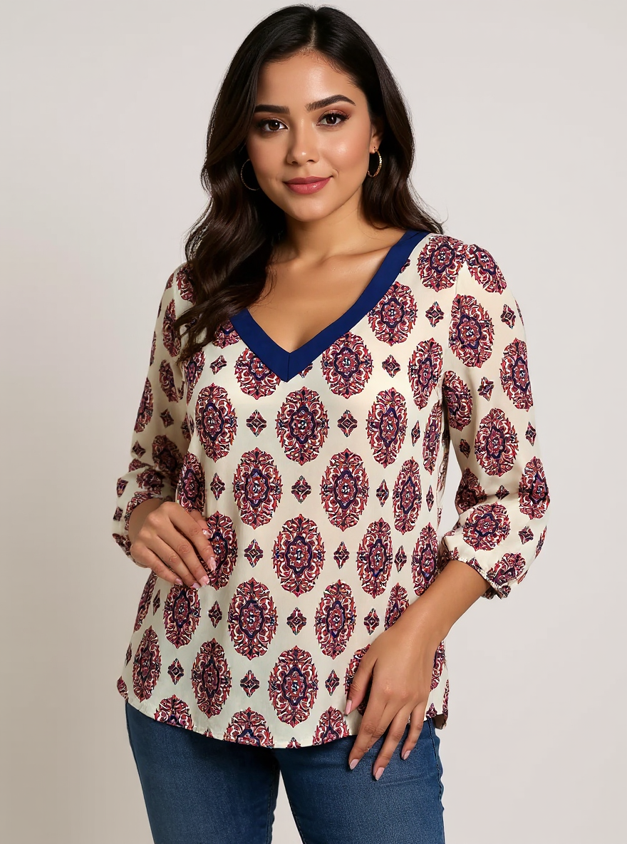 Willy Jays Orange/Blue Print Pre-Owned Ladies Top -  Size Large