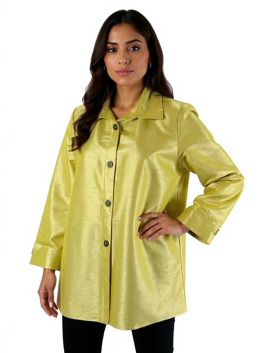 Yellow green solid IC Collection ladies top, size large, featuring an A-line swing design and modern minimalist style.