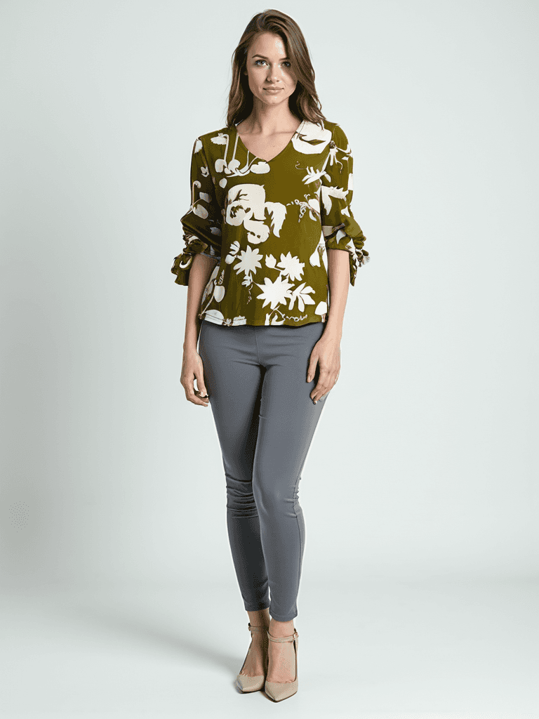Ann Taylor Top Size XS in green and white floral print, styled with gray skinny pants. Available at Margaret’s Fine Consignments.