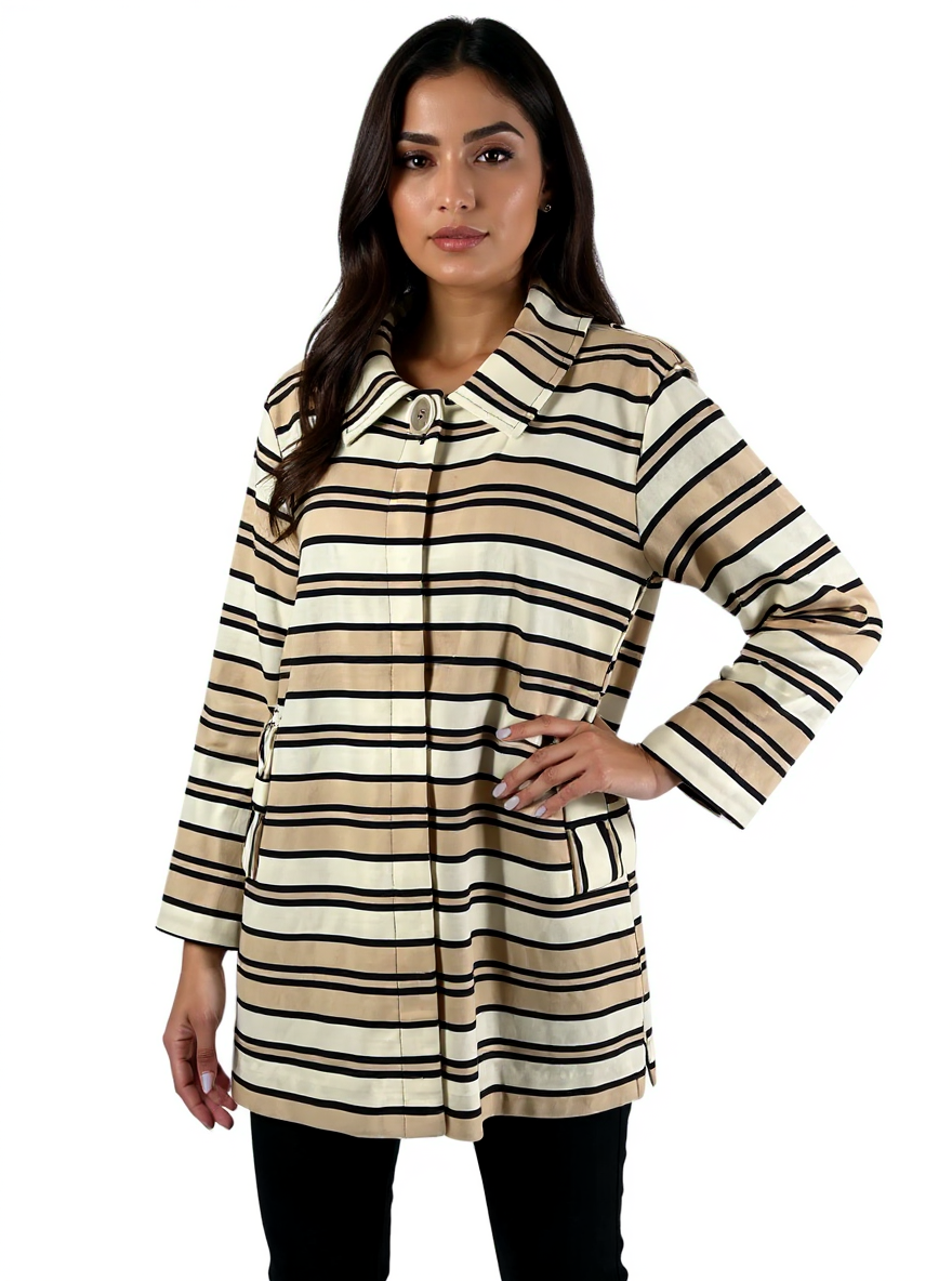 Tan and cream striped Sara Campbell pre-owned ladies jacket, size XL, featuring a classic preppy knit design.