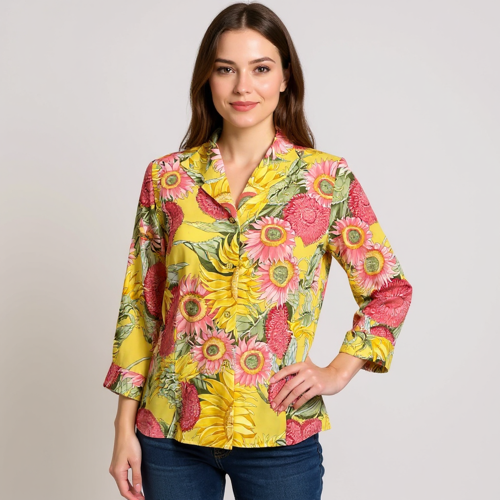 Doncaster Yellow/Pink Floral Silk Pre-Owned Ladies Top -  Size Small