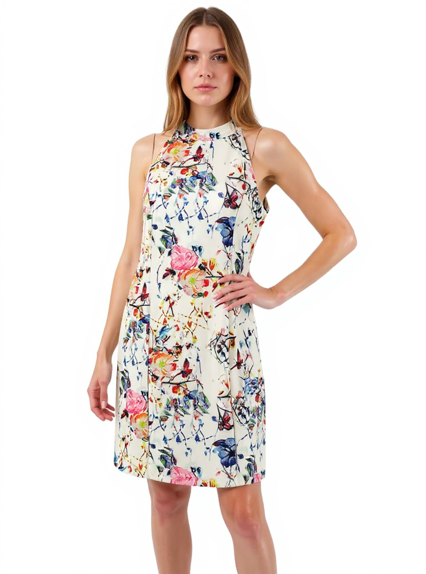 Venus Watercolor Floral Halter Dress in size L modeled on a woman, featuring a white base with multicolor floral and butterfly print.