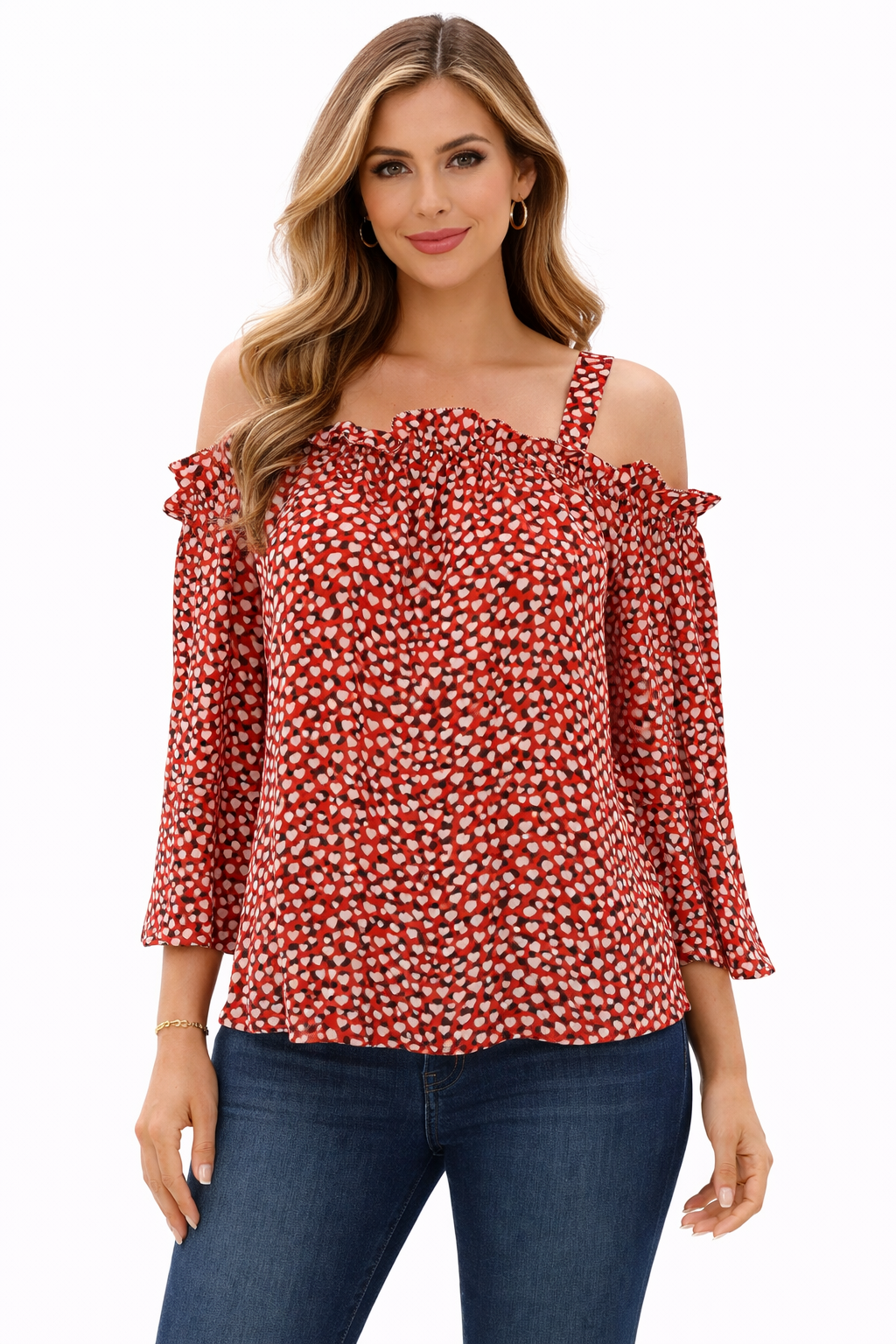 Pre-owned J Crew casual top featuring orange, navy, and cream hearts, size 8 petite, with a relaxed fit.