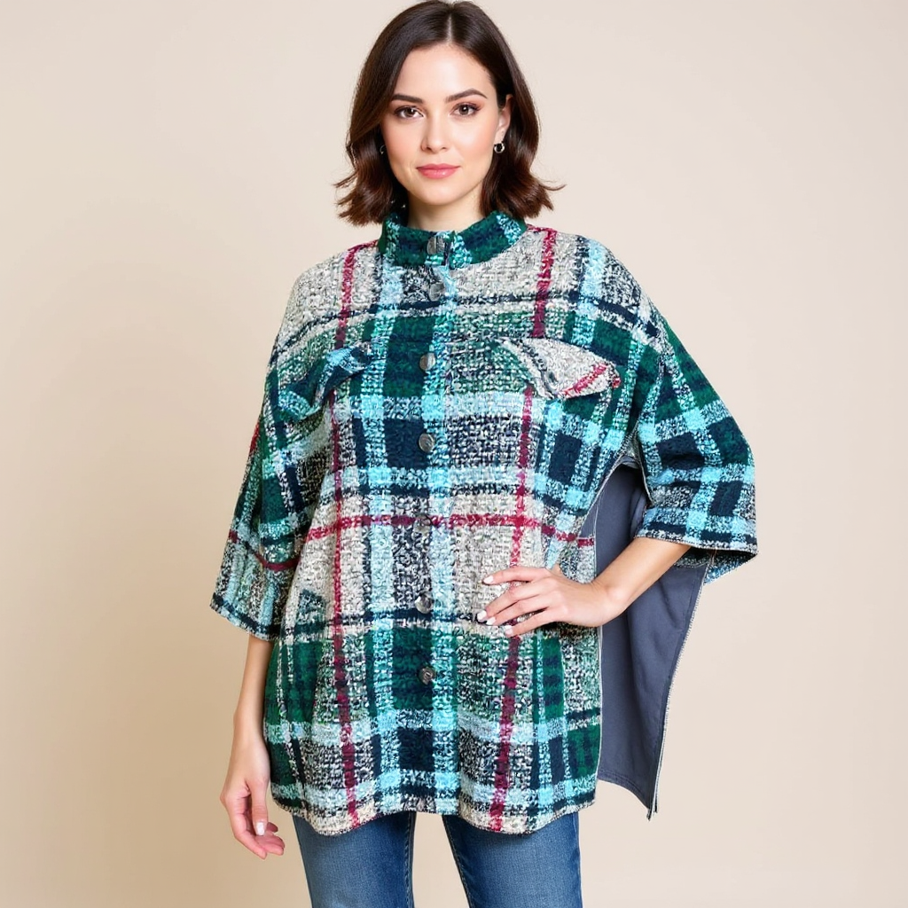 Andersen & Lauth Tan/Navy/Green Pre-Owned Ladies Poncho - Size One Size Fits Most