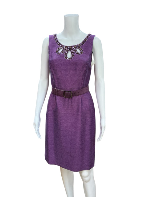 Pre-owned Antonio Melani purple sleeveless dress on mannequin with embellished neckline and belt, perfect for formal or workwear occasions.