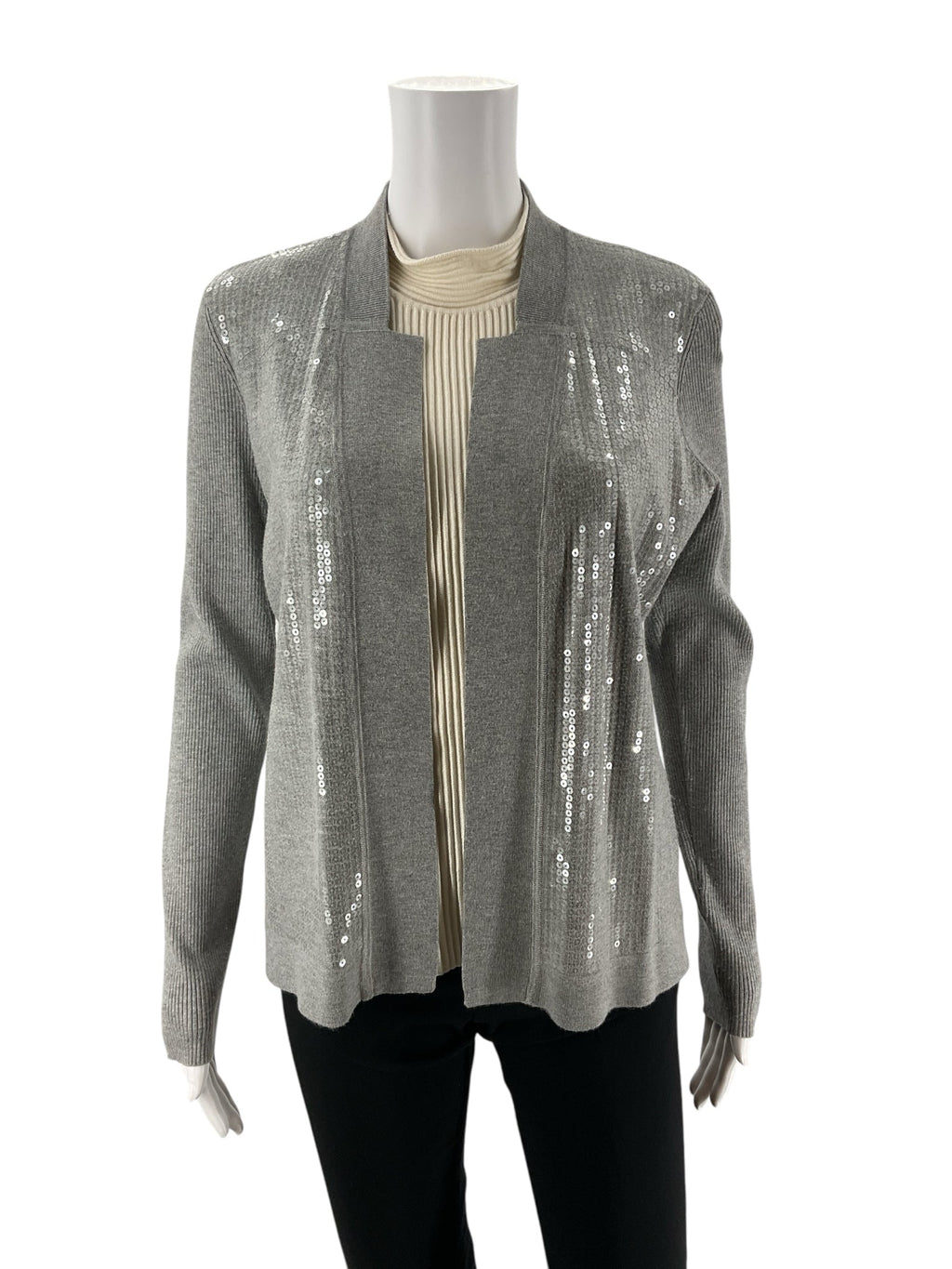 Gray sequined Caché shrug, open front design, size large, perfect for evening and cocktail occasions.