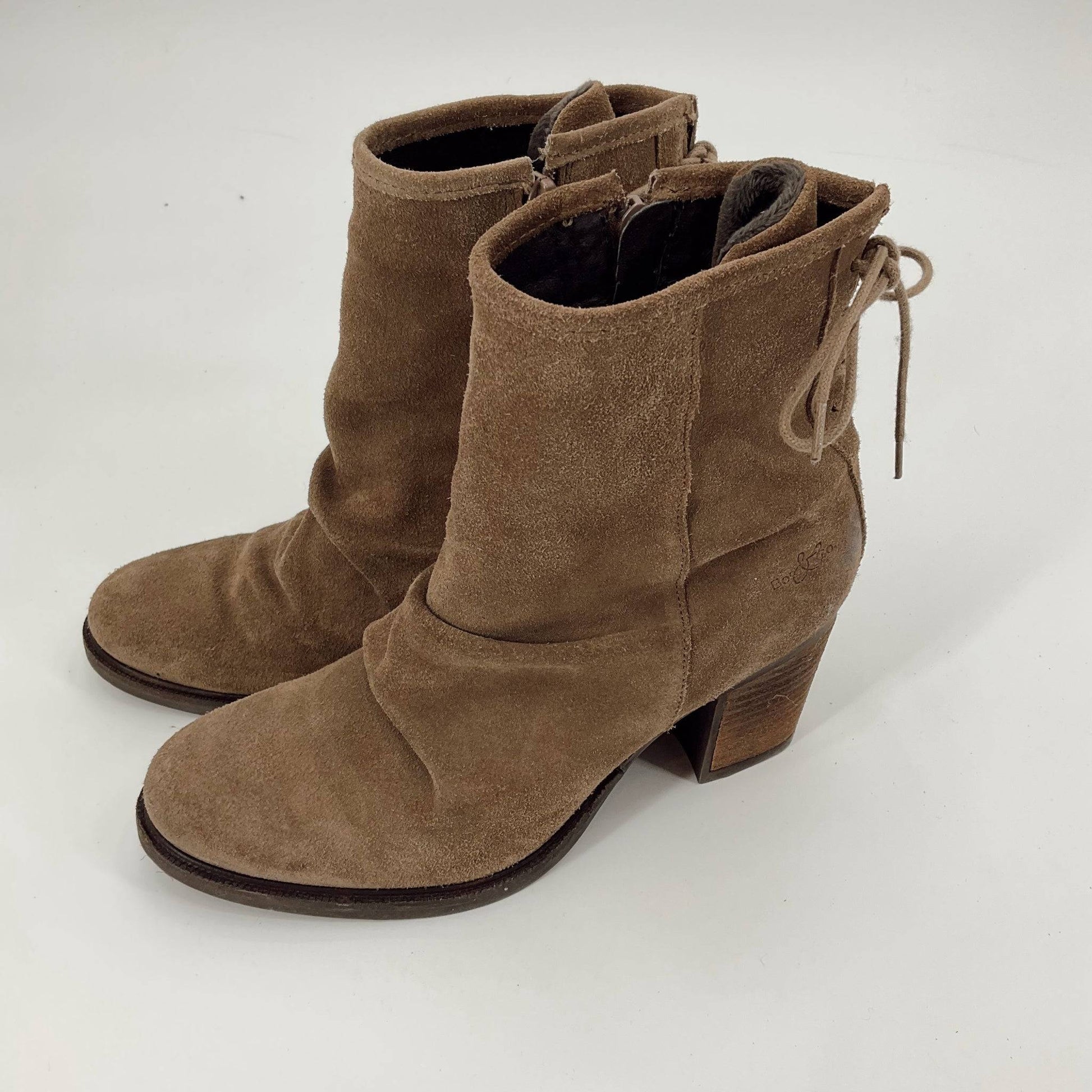 Boc Shoe Tan Suede Booties Size 9.5 with stacked heel and side zipper, available at Margaret’s Fine Consignments. Soft suede finish ideal for fall fashion.