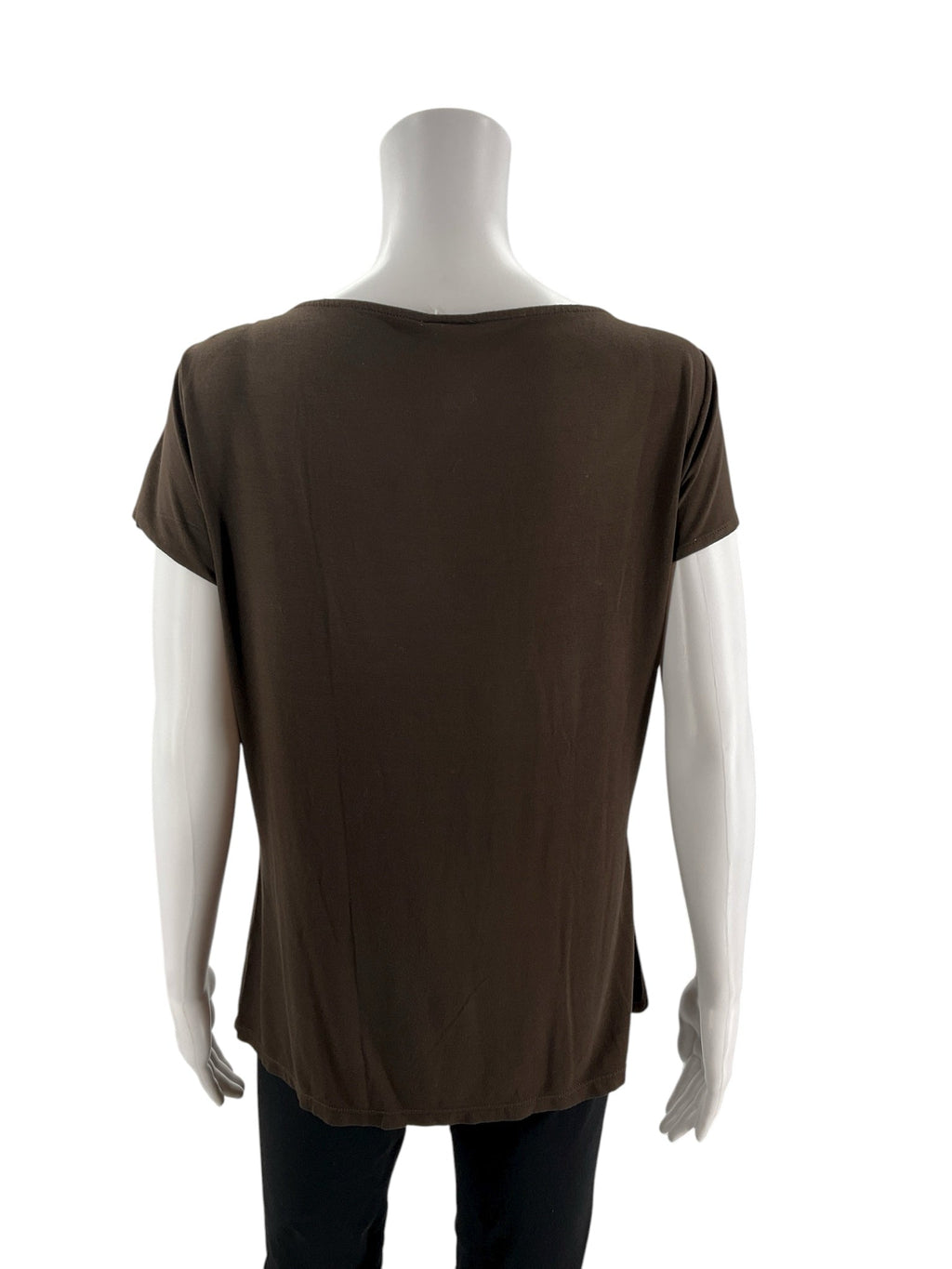 Brown Ann Taylor cap sleeve top with knot front detail, pre-owned, size large, made from soft jersey knit fabric.