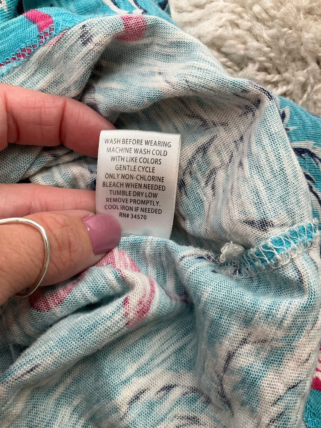 Turquoise scoop neck pullover top with flamingo print for women by Sunsets & Sweet Tea, size medium.