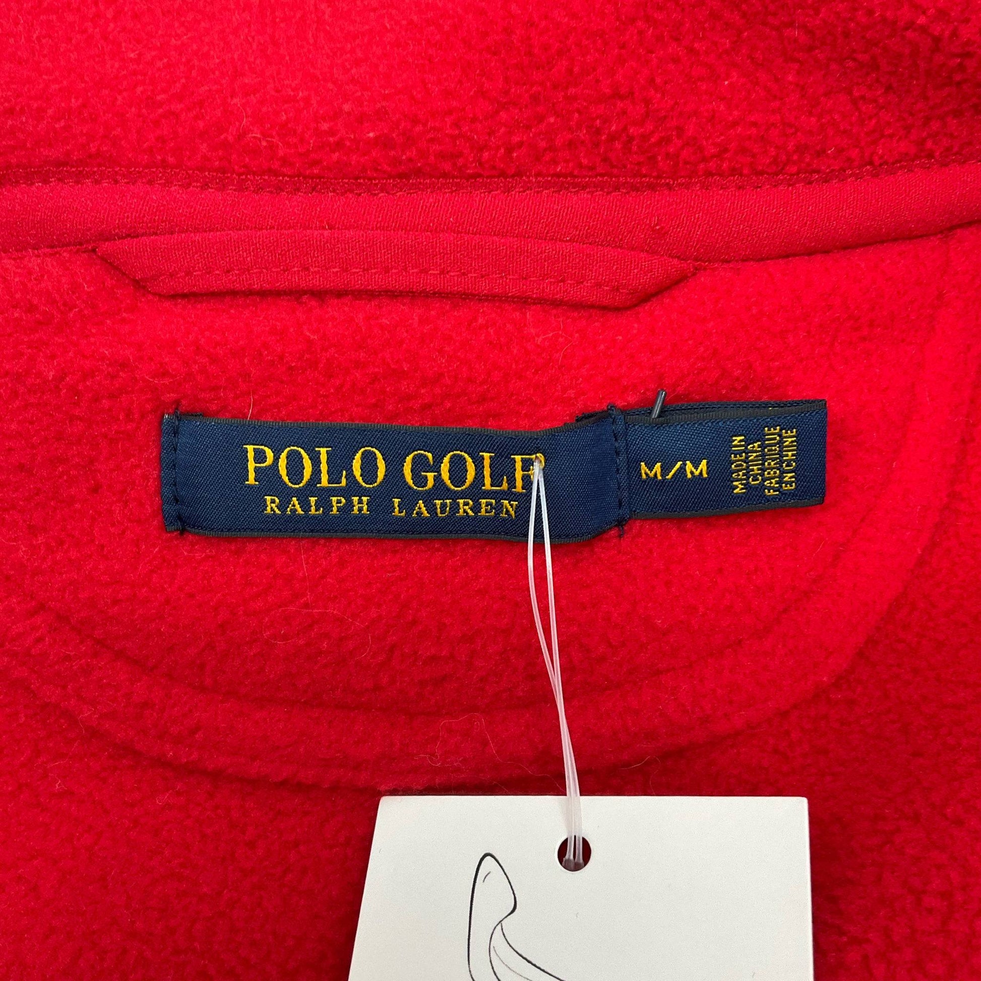 Close-up of Polo Golf Ralph Lauren label on Red Fleece Vest Size Medium. Shop gently used designer wear at Margaret’s Fine Consignments.