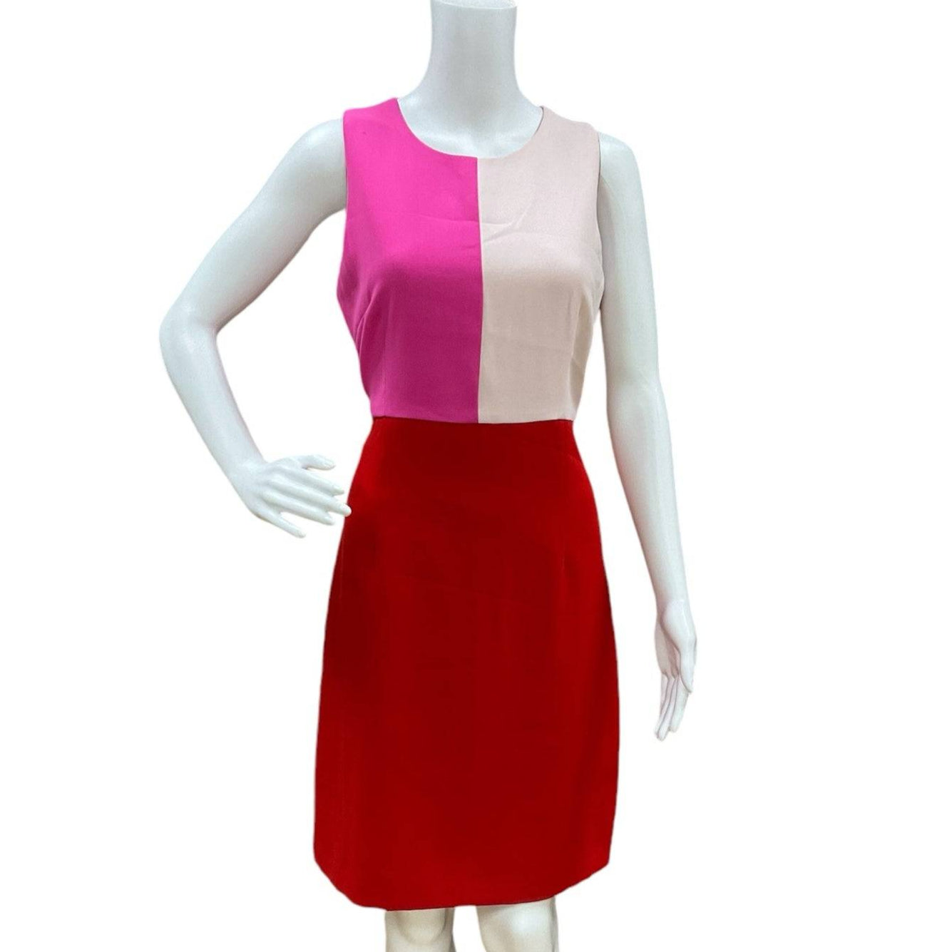 Julie Brown Dress Size 6 sleeveless color block cocktail dress in pink, white, and red, displayed on mannequin for product showcase.