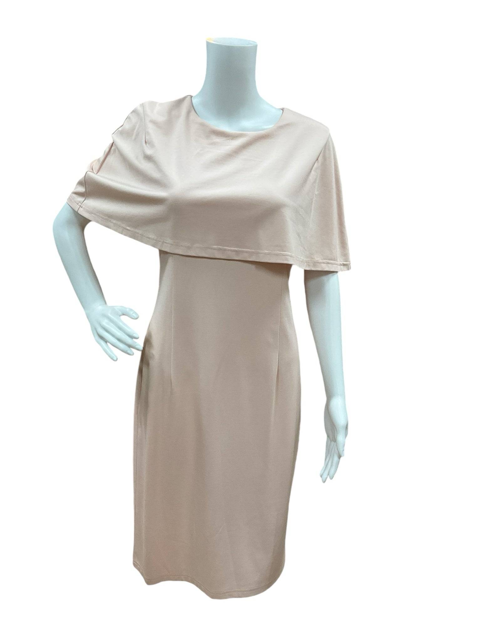 Floryday Size M pink solid dress on mannequin, showing front view of soft fabric and elegant draped cape detail, perfect for chic styling.