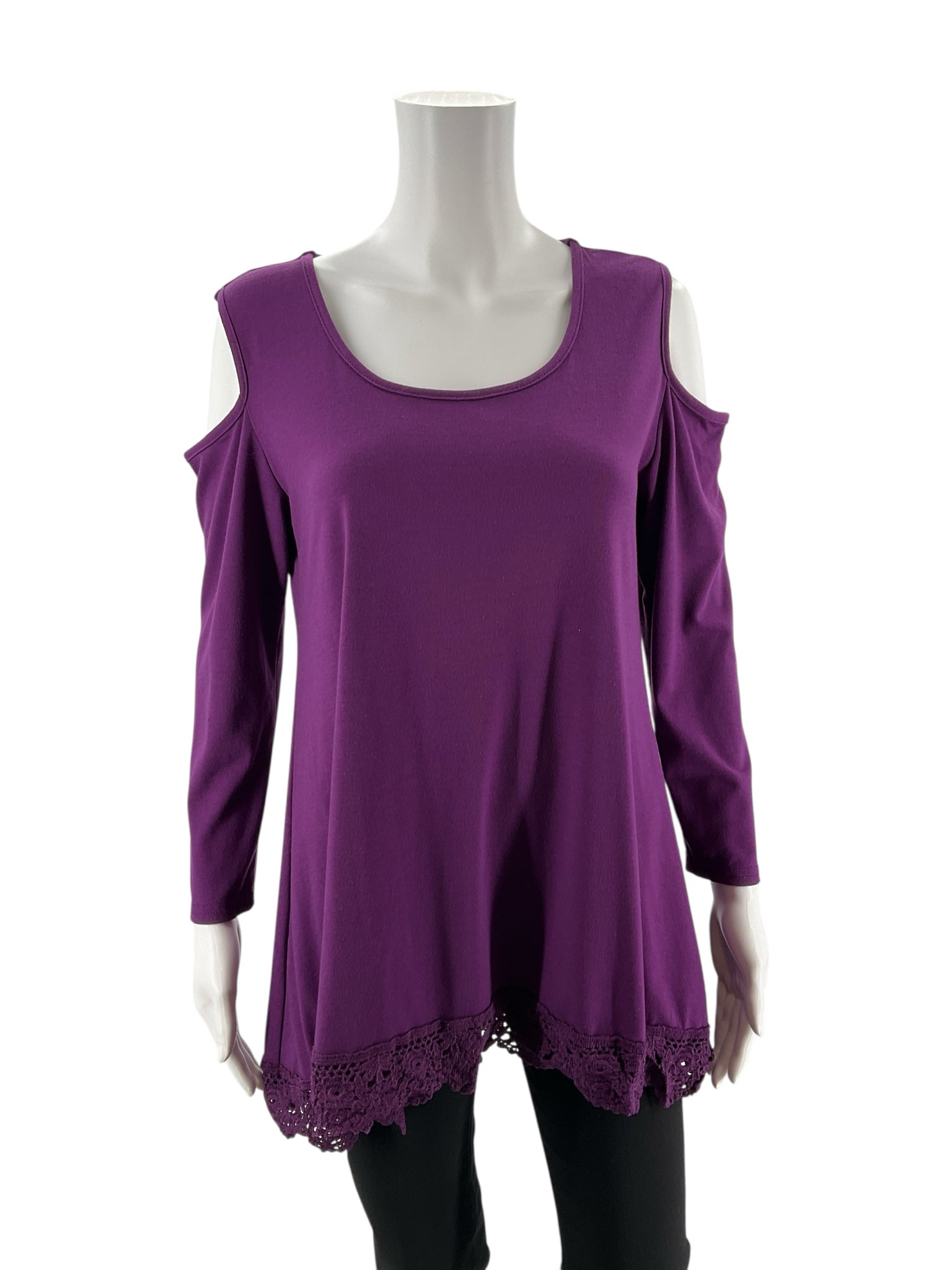 Bosbary plum cold shoulder tunic top, size medium, featuring a flowy boho design for casual wear.