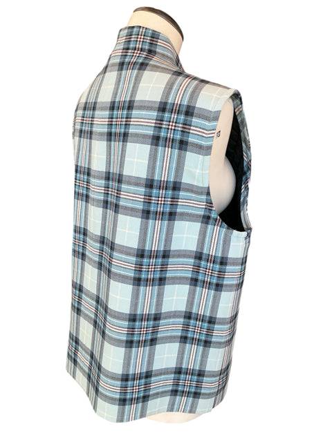 Back and side view of Doncaster Size L Blue Plaid Vest showing sleeveless design and tailored fit, sold at Margaret’s Fine Consignments.