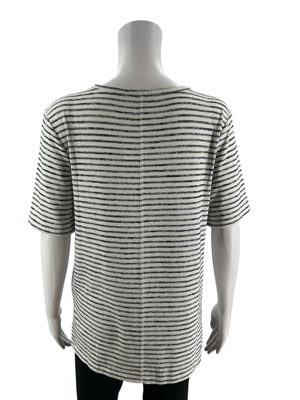 White and blue striped Banana Republic short sleeve ladies top in boxy fit, size small, featuring a classic Breton style.