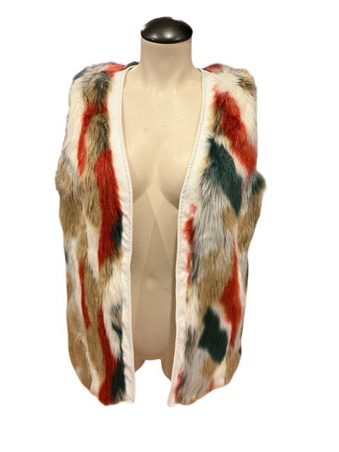 Gracia faux fur vest in cream, orange, and green tones shown on beige mannequin, size small, new with tags and buttonless front.