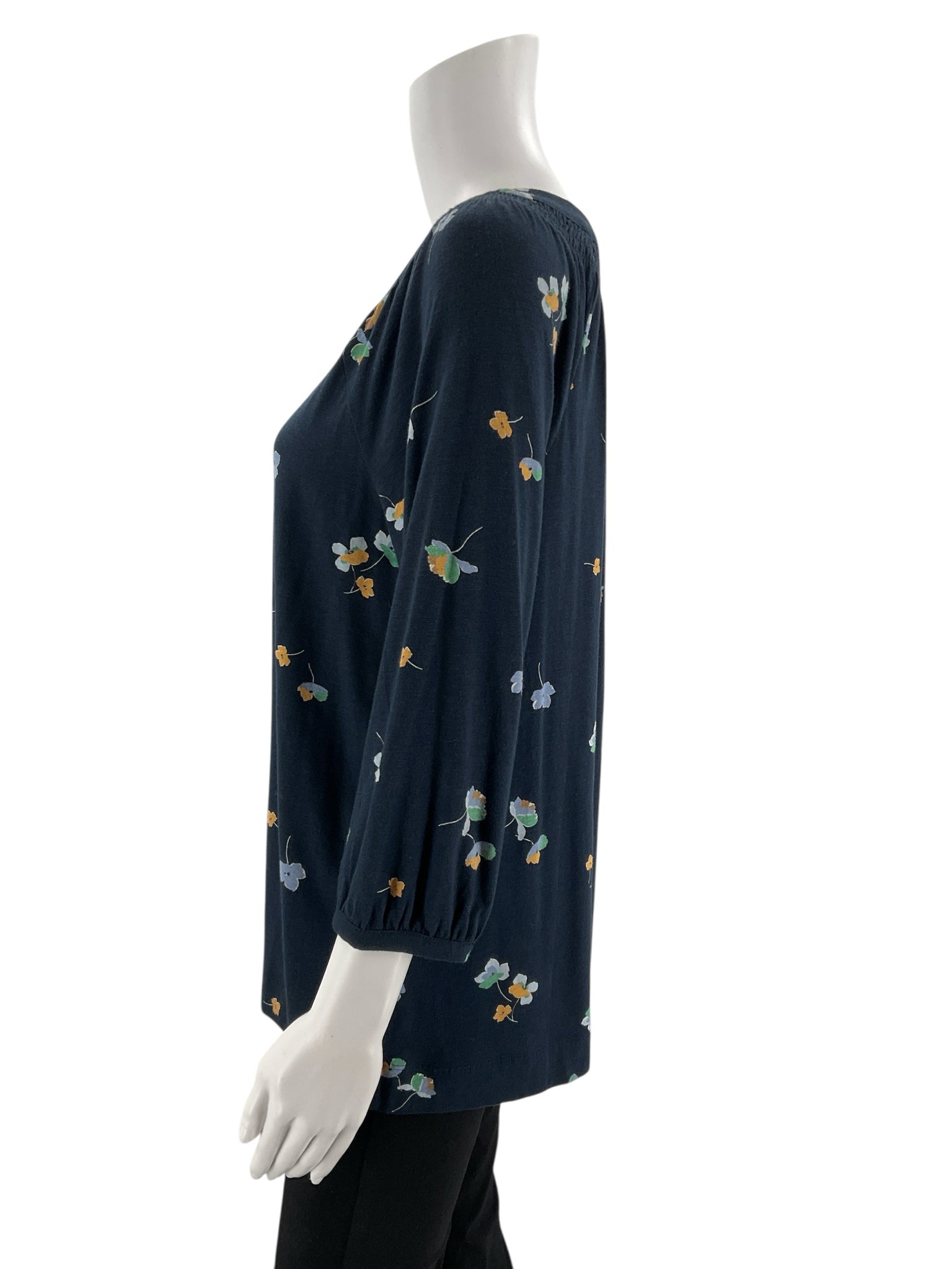 J. Jill pre-owned navy, yellow, and green floral tunic top with pintuck details, size small for casual wear.