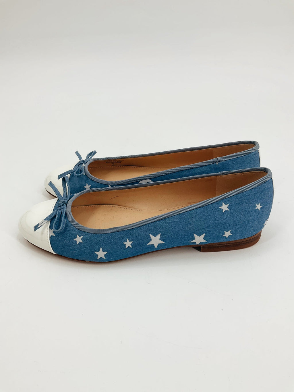 Jodi by M. Fitch blue and white star ballet flats with cap toe, size 7, slip-on style for women.