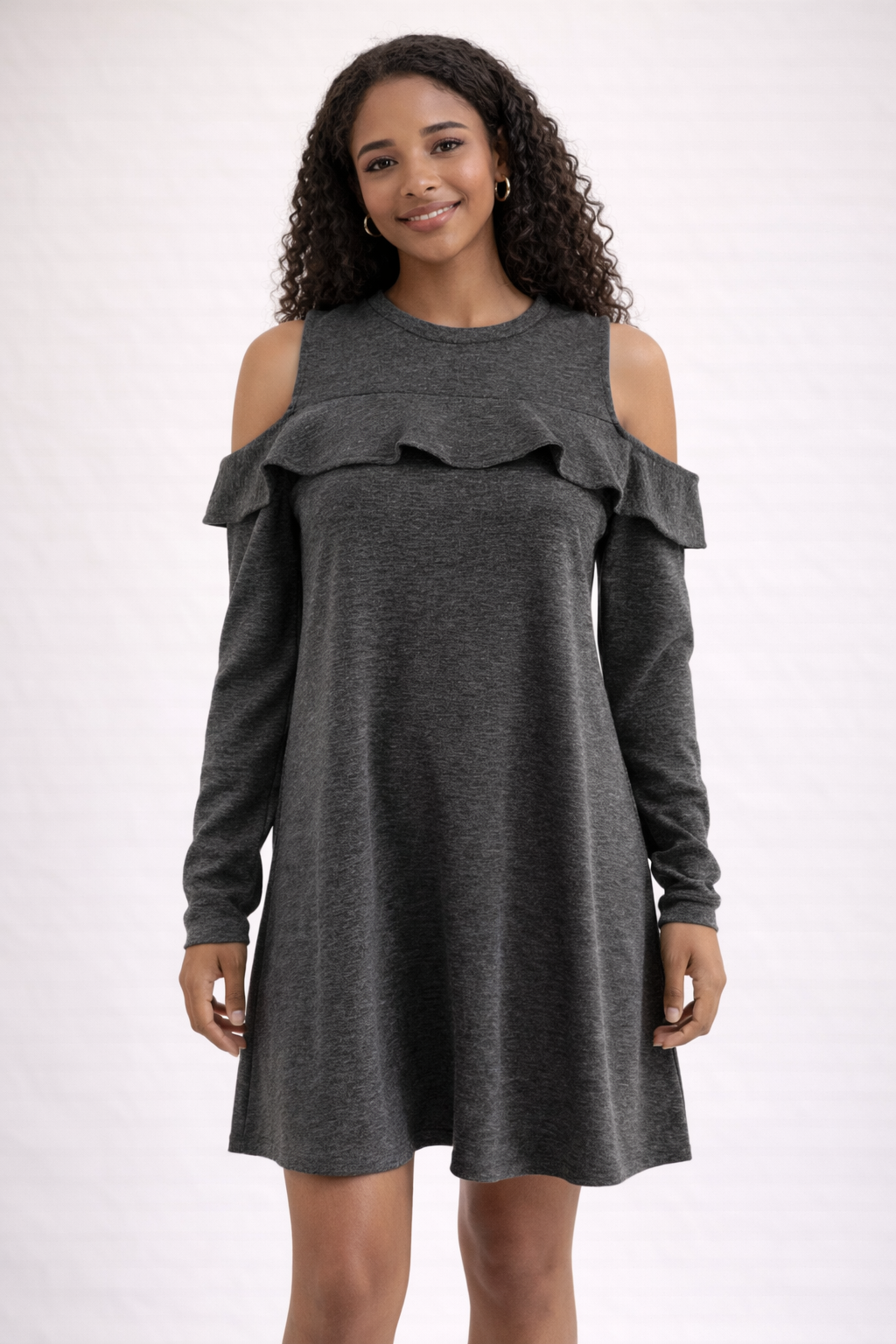 Gray heathered cold shoulder A-line dress by LOFT with ruffle details and keyhole back, size small, casual modern style.