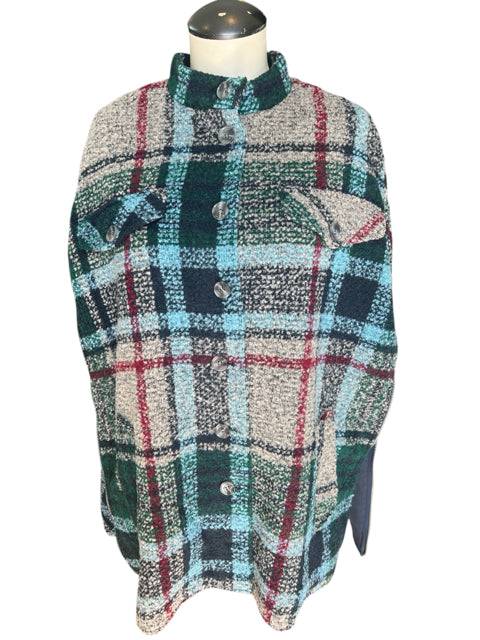 Andersen & Lauth plaid poncho in tan, navy, and green with front buttons and chest pockets, one size fits most, sold at Margaret's Fine Consignments.