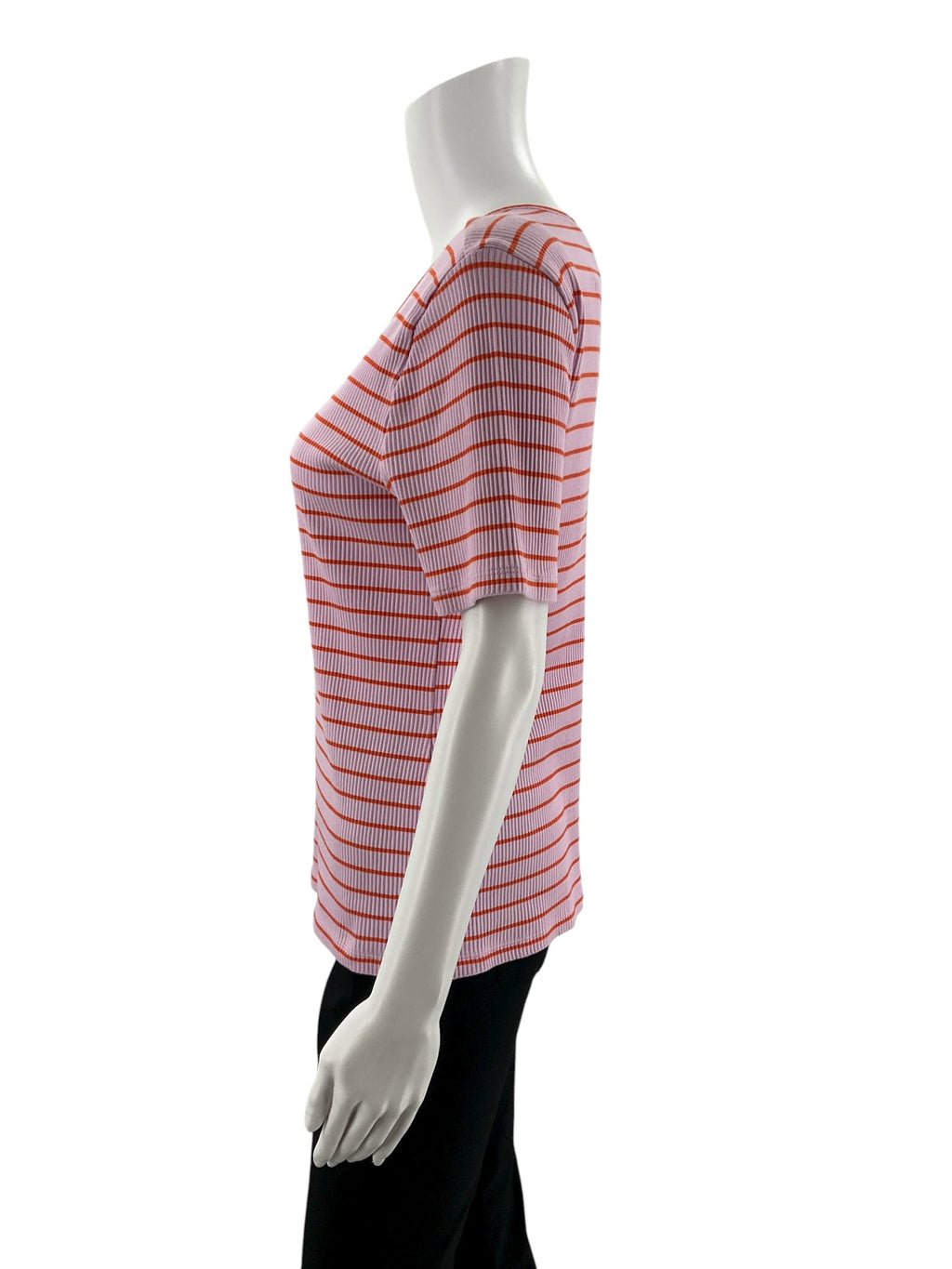 Ann Taylor pre-owned ladies top in pink and orange stripes, size large, featuring a classic office casual style.