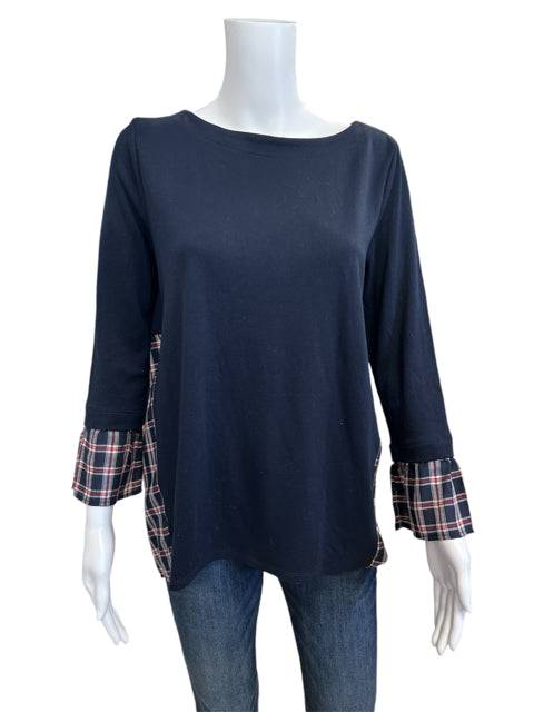 Front view of Loft Navy/Red Plaid Top Size Small featuring plaid cuff accents and relaxed fit, available at Margaret’s Fine Consignments.