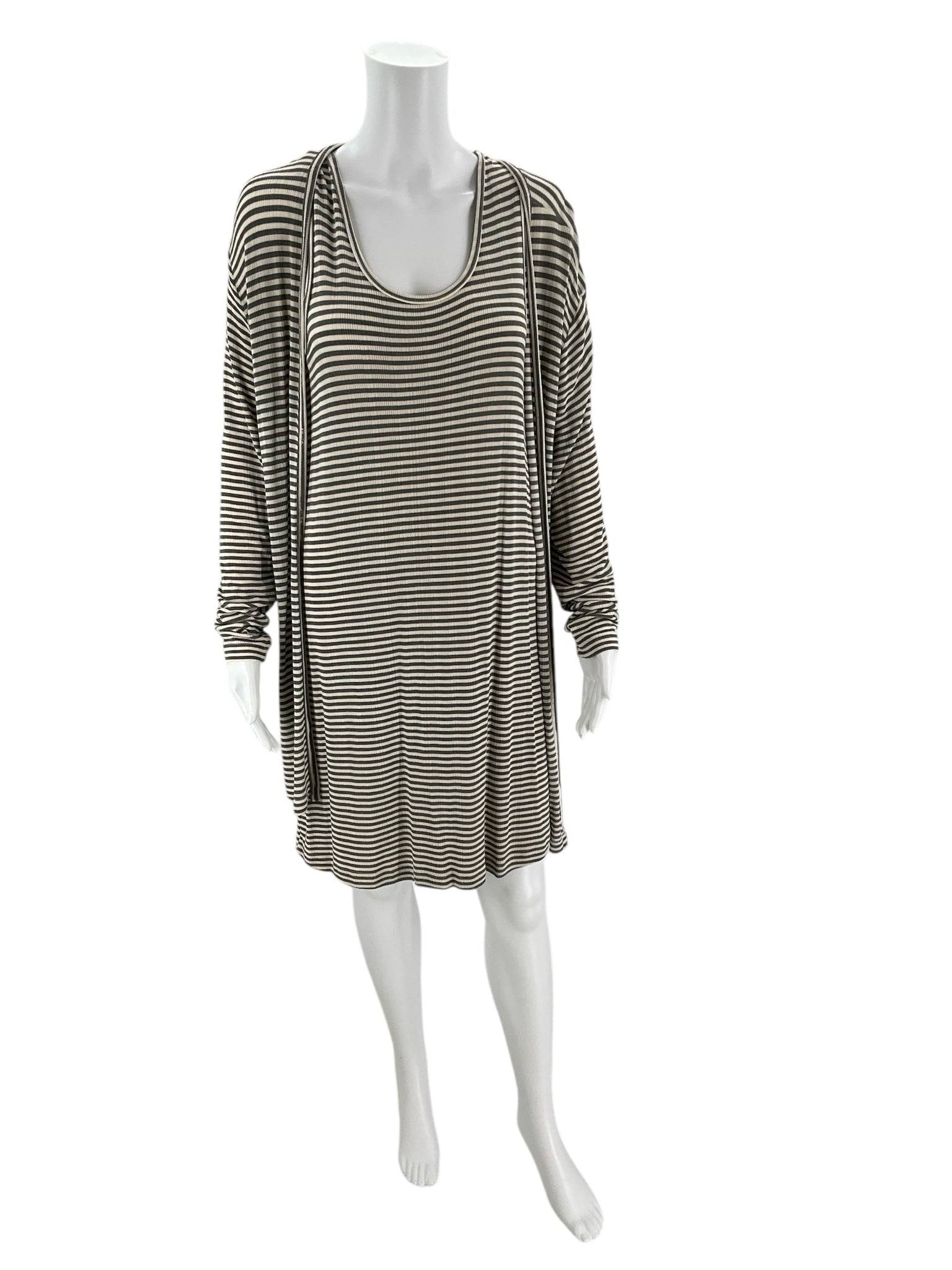 Front view of ISDA & CO cream and black striped dress size small on mannequin, available at Margaret's Fine Consignments.