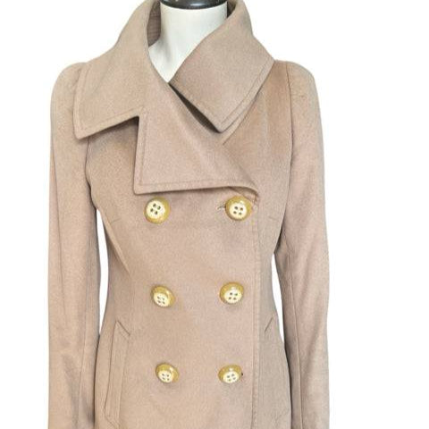 Pure Tan Solid Jacket Size 8 with double-breasted front and large lapels, available at Margaret's Fine Consignments. Made of soft cashmere fabric.