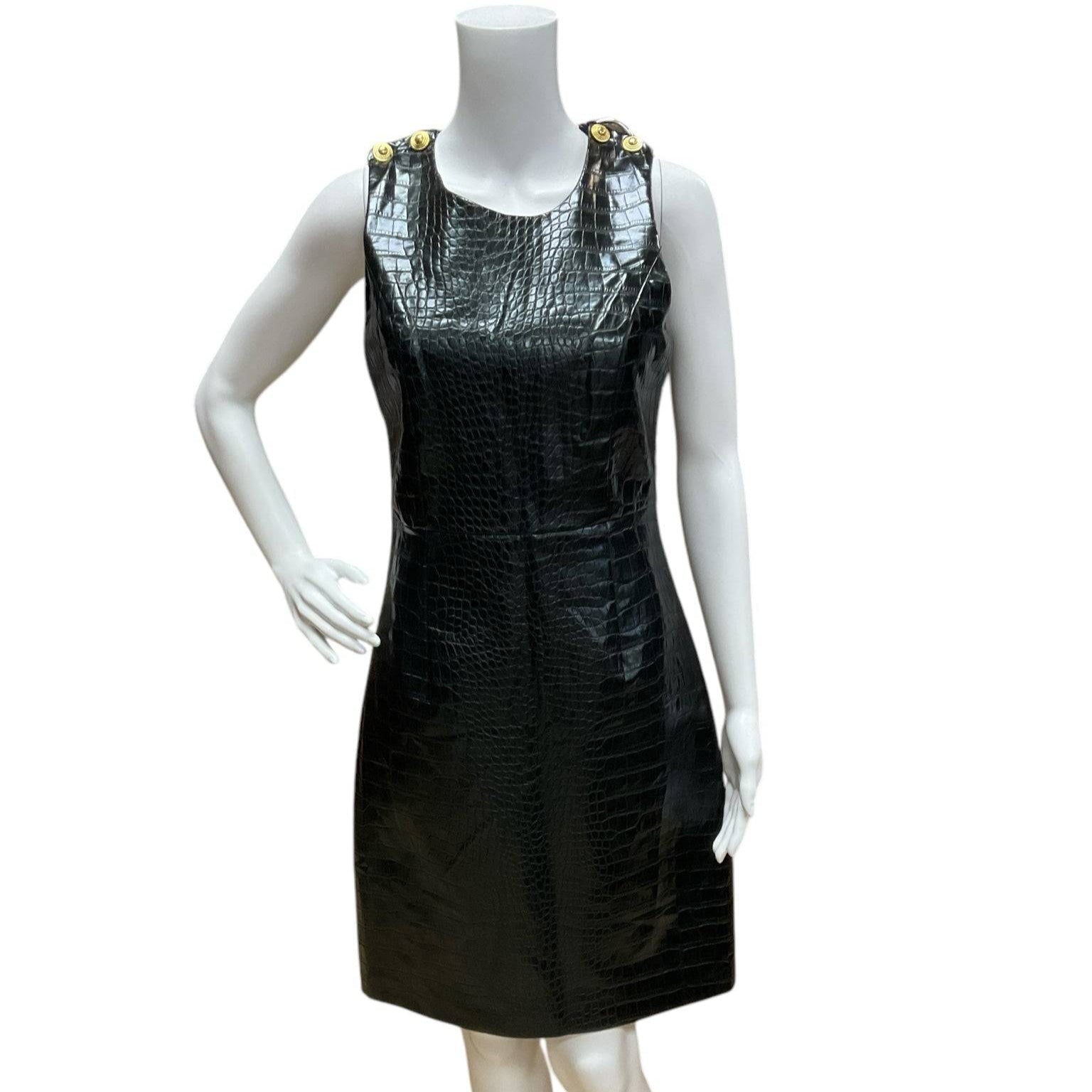 Julie Brown Black Snake Dress – Size 4 displayed on mannequin, featuring sleek black faux-snakeskin texture and gold shoulder accents.
