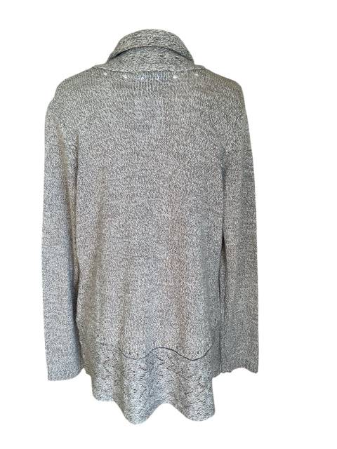 Back view of Karen Scott Taupe Heathered Shrug in size Large, showcasing long sleeves and soft acrylic fabric, sold at Margaret’s Fine Consignments.