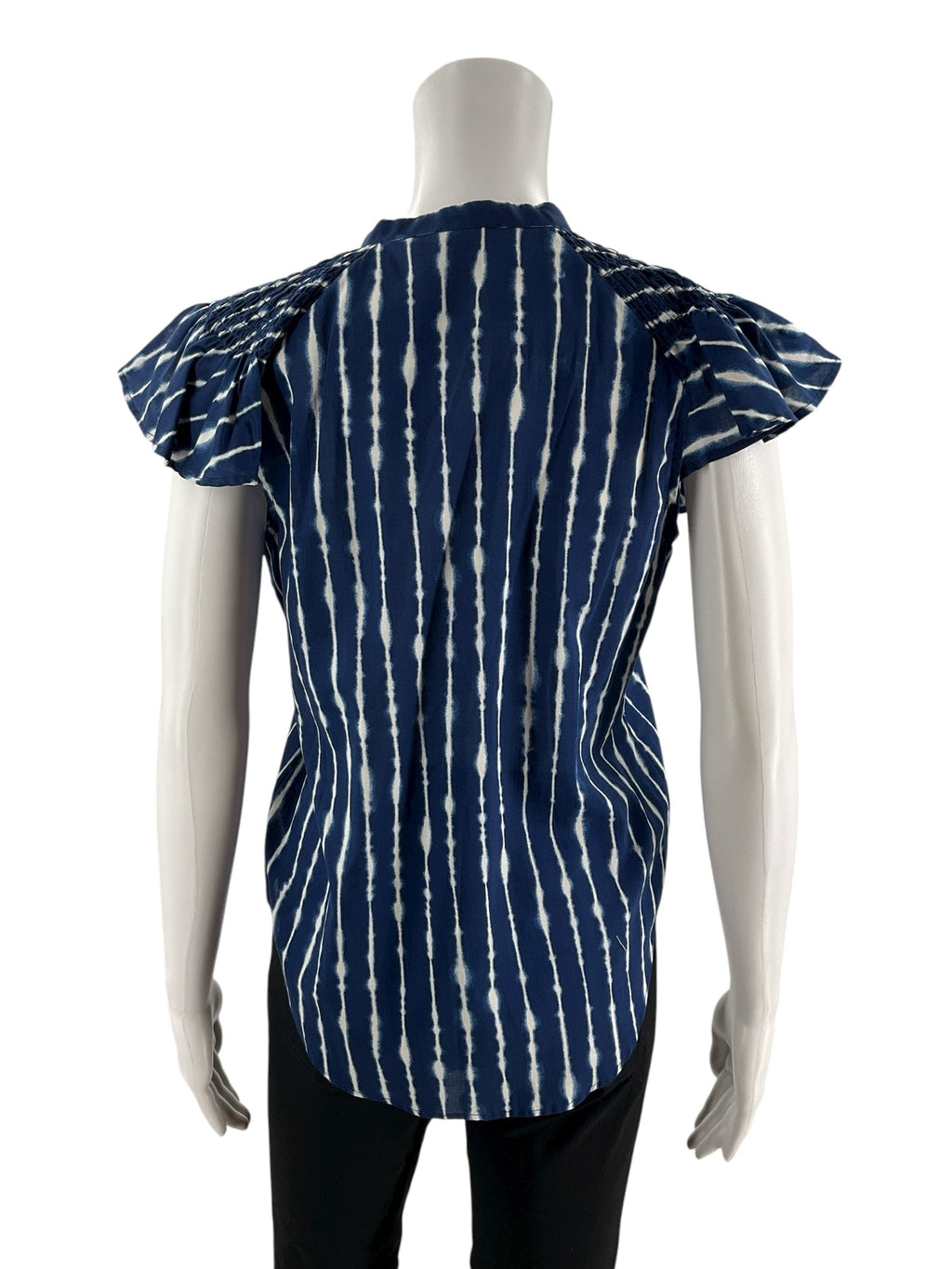 Ann Taylor navy and white print ladies top, size XS, featuring a relaxed fit and split neck design.