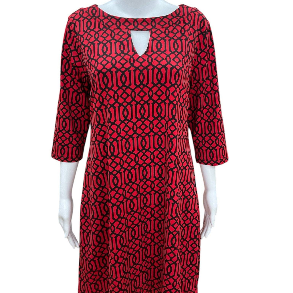 Front view of Lulu B Dress Size Medium featuring red and black print, keyhole neckline, and 3/4 sleeves, sold by Margaret’s Fine Consignments.